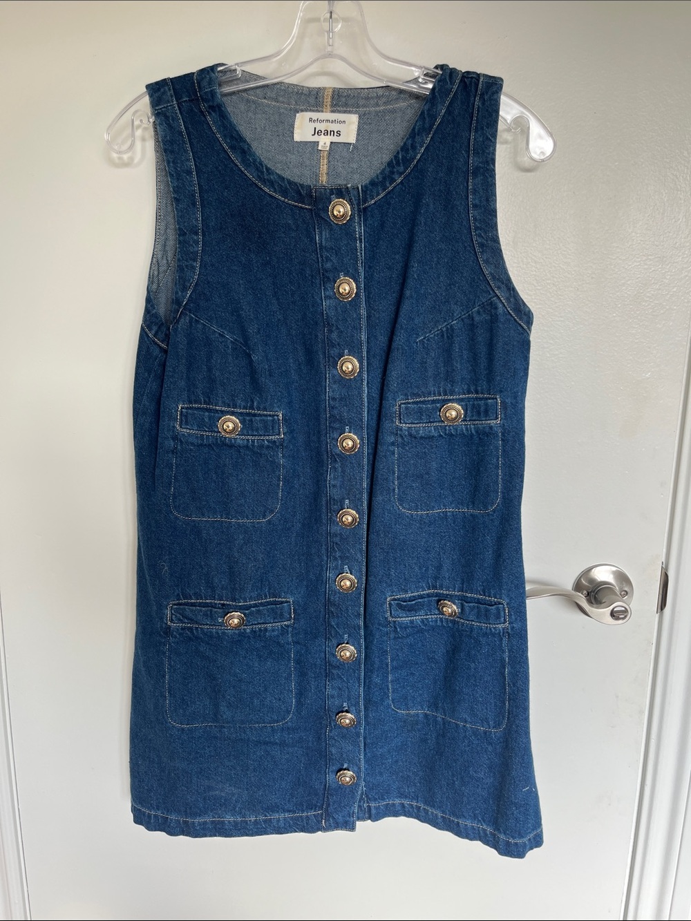Reformation Denim Button-Front Mini Dress in Deep Blue
